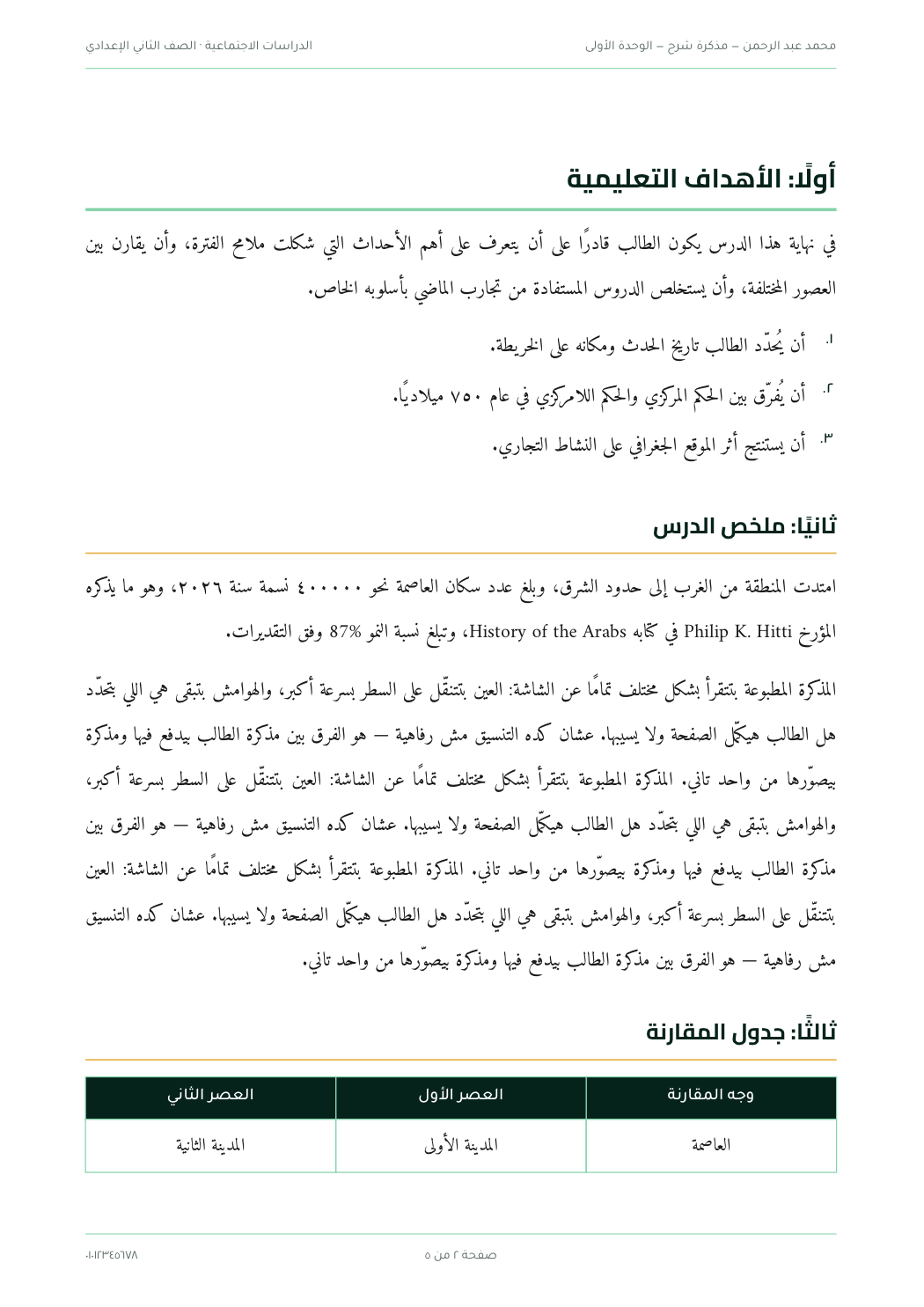 صفحة داخلية من مذكرة اتعملت بمذكرتي: ترويسة فيها اسم الأستاذ، عناوين عربية، جدول مقارنة، ورسم بياني.